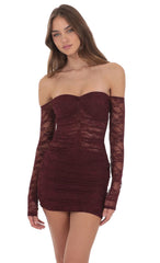 Lace Off Shoulder Bodycon Dress in Burgundy