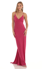 Gathered Cross Back Maxi Dress in Hot Pink