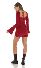 Velvet Pleated Bell Sleeve Dress in Red