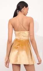 Pleated A-line Velvet Dress In Mustard