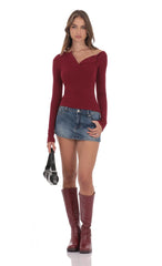 Off Shoulder Henley Top in Maroon