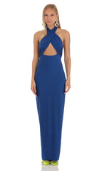 Front Cross Halter Maxi Dress in Blue