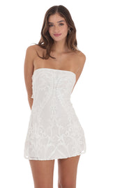 Sequin Mesh Strapless Dress in White