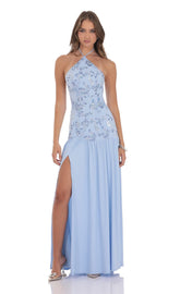 Drop Waist Sequin Maxi Dress in Light Blue