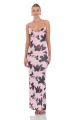 Mesh Lilly Print Cowl Neck Maxi Dress in Pink