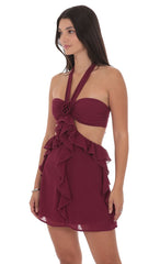 Chiffon Cutout Ruffle Dress in Plum