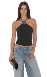 Rhinestone Rose Top in Black