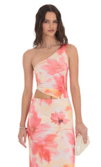 Floral One Shoulder Cutout Maxi Dress in Orange