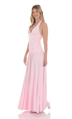 Halter Drop Waist Maxi Dress in Pink