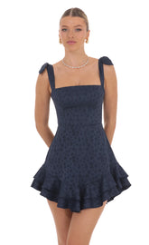 Floral Jacquard Ruffle A-line Dress in Navy