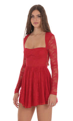 Long Sleeve Lace A-line Dress in Red