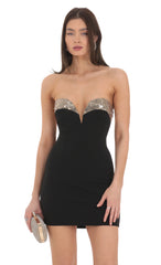 Sequin Strapless Sweetheart Neck Dress in Black
