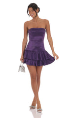 Satin Strapless Ruffle Dress in Purple