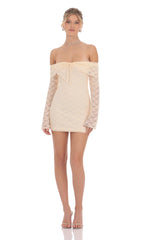 Lace Draped Off Shoulder Dress in Pastel Peach