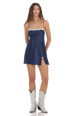 Satin Lace Bow Slit Dress in Navy