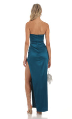 Satin Strapless Maxi Dress in Teal