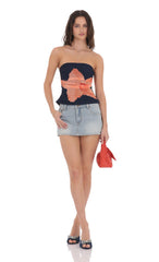 Mesh Floral Ruched Tube Top in Navy