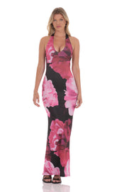 Pink Floral Halter Maxi Dress in Black