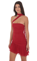 Asymmetrical Mesh Scarf Dress in Red