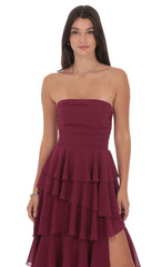 Corset Ruffle Strapless Maxi Dress in Plum