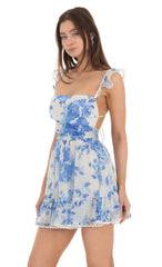 Blue Floral Fit and Flare Dress in White