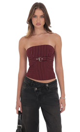 Pinstripe Strapless Buckle Top in Burgundy