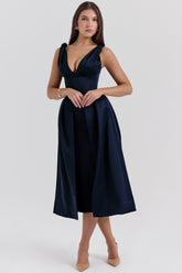 midnight twist strap satin midi dress