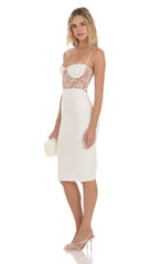 Mesh Floral Shimmer Cutout Midi Dress in Ivory