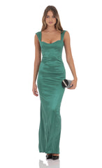 Satin Bodycon Maxi Dress in Green