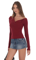Off Shoulder Henley Top in Maroon