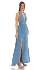 Satin Maxi Dress in Blue