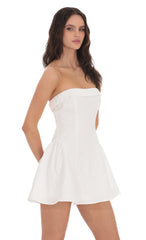 Floral Jacquard Strapless Flare Dress in White