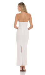 Strapless Textured Floral Twist Maxi Dress in White