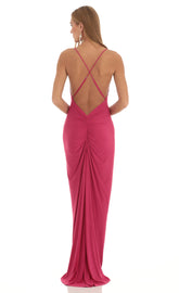 Gathered Cross Back Maxi Dress in Hot Pink