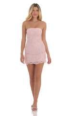 Embroidered Floral Strapless Dress in Pink