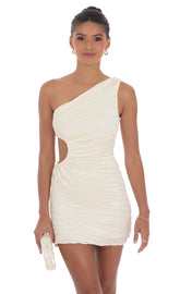 Pleated One Shoulder Dress in Ivory