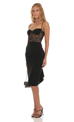 Mesh Shimmer Cutout Midi Dress in Black