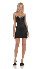 Sequin Lace Trim Satin Dress in Black