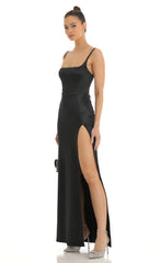 Satin Rhinestone Maxi Dress in Black