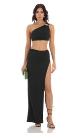 One Shoulder Two Piece Set in Black