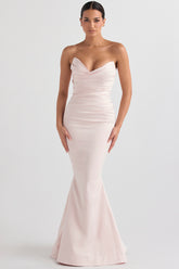 blush satin strapless gown