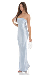 Strapless Satin Open Back Maxi Dress in Light Blue