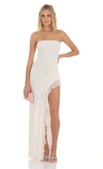 Mesh Strapless Triple Ruffle Maxi Dress in White