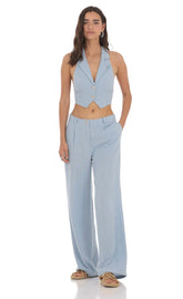 Wide Leg Linen Pants in Blue