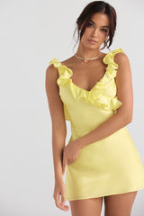 buttercup satin ruffle mini dress