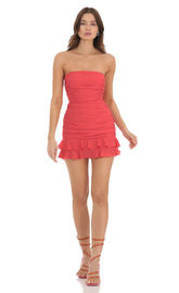 Crepe Ruched Bodycon Dress in Coral
