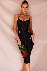 black ruched midi dress