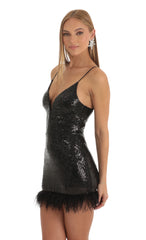 Sequin Feather Bodycon Dress in Black