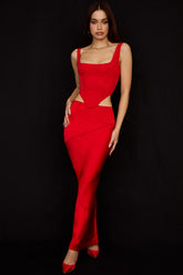 scarlet satin low waist midi skirt