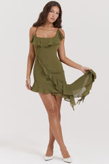 olive ruffle mini dress